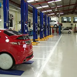 Commercial service garage with several cards undergoing repairs