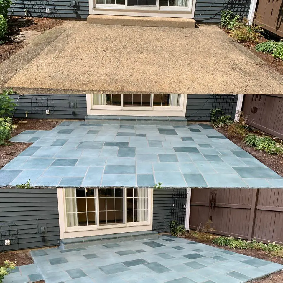 Before and after of backyard patio with decorative concrete coating